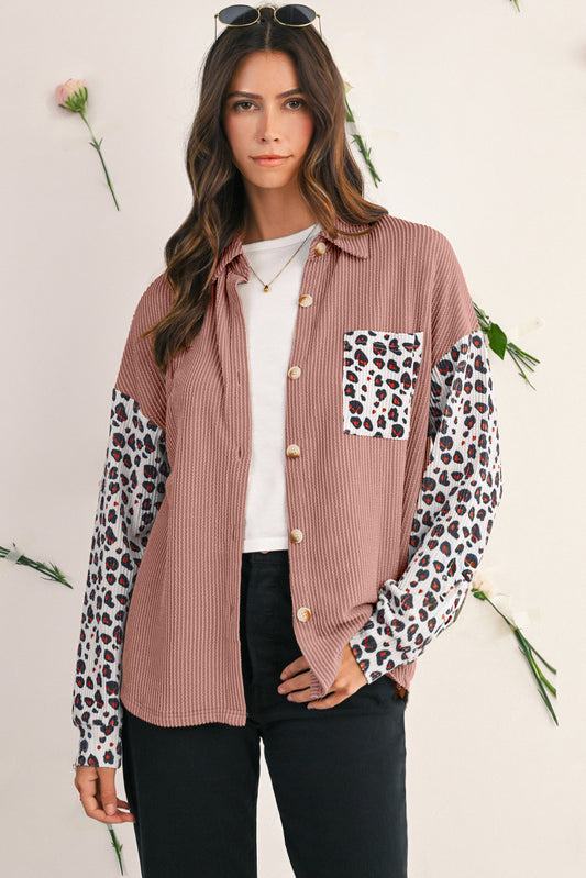 Dark Khaki Leopard Patchwork Twisted Ribbed Casual Shacket