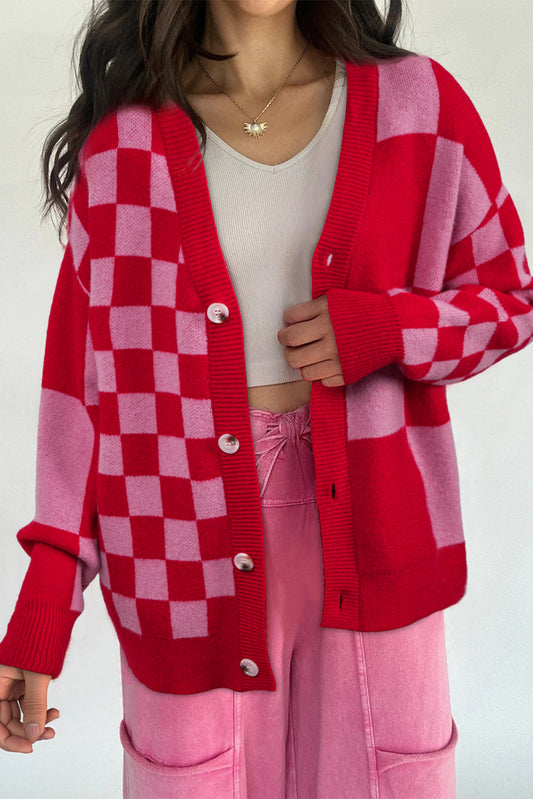 Fiery Red Colorblock Plaid Button Knit Cardigan