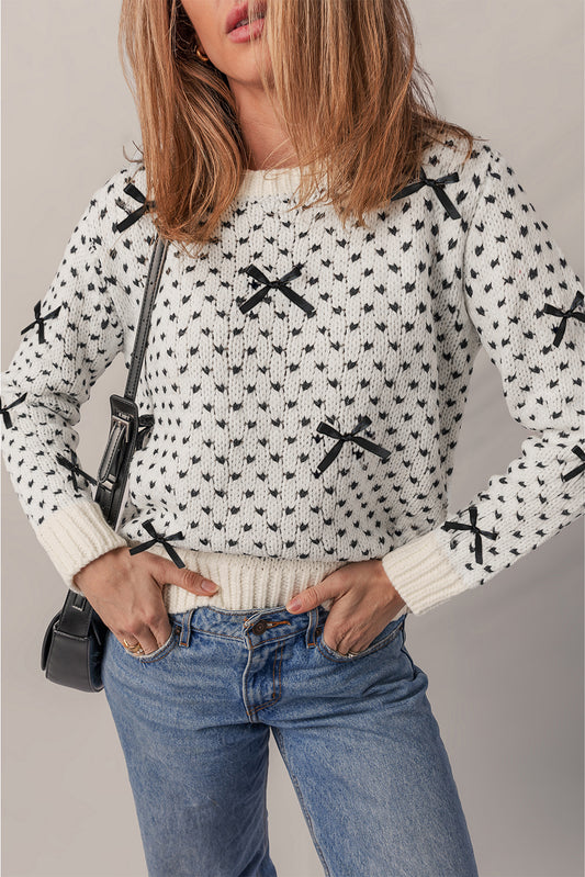 Beige Bow Decor Color Contrast Ribbed Edge Crew Neck Sweater