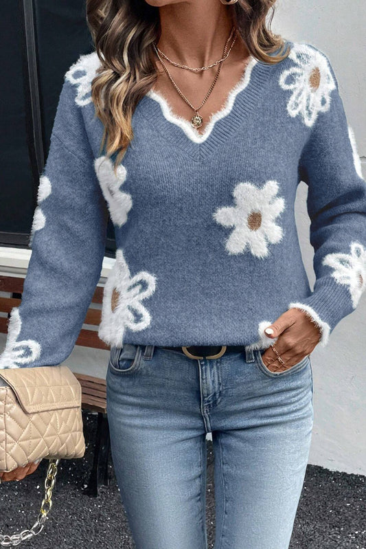 Dusk Blue Jacquard Floral Scallop V-neck Sweater