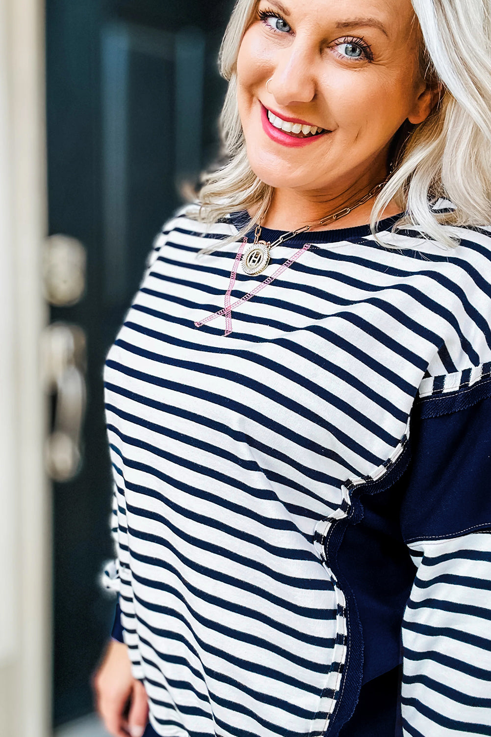 Blue Stripe Contrast Stitched Detail Color Block Patchwork Plus Size Sweatshirt