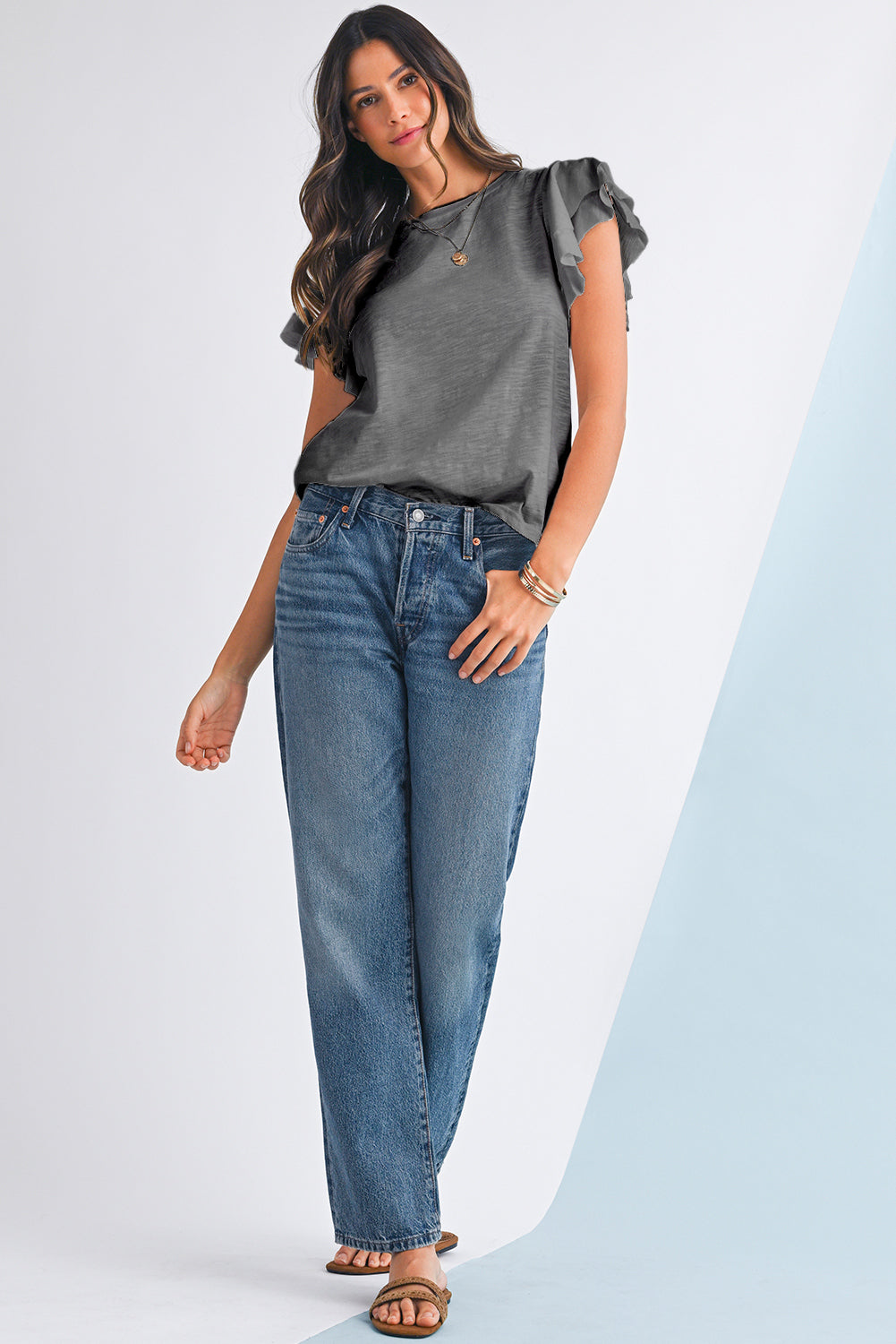 Dark Grey Ruffle Sleeve Plain Blouse