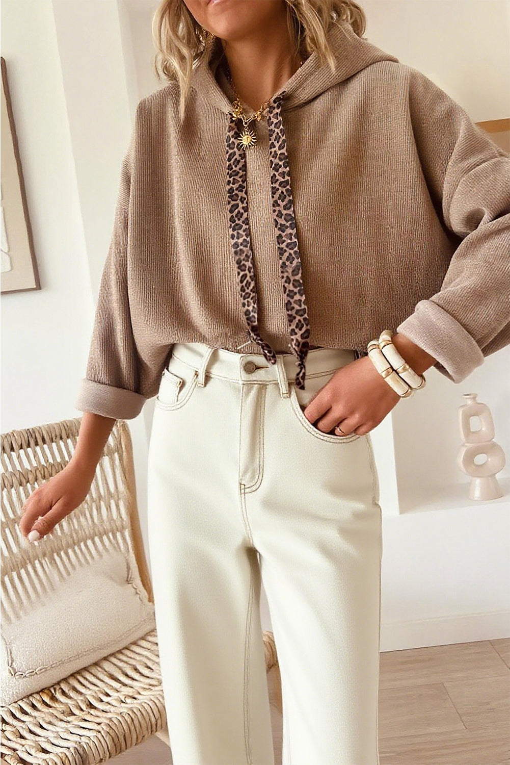Parchment Thermal Textured Leopard Drawstring Baggy Hoodie
