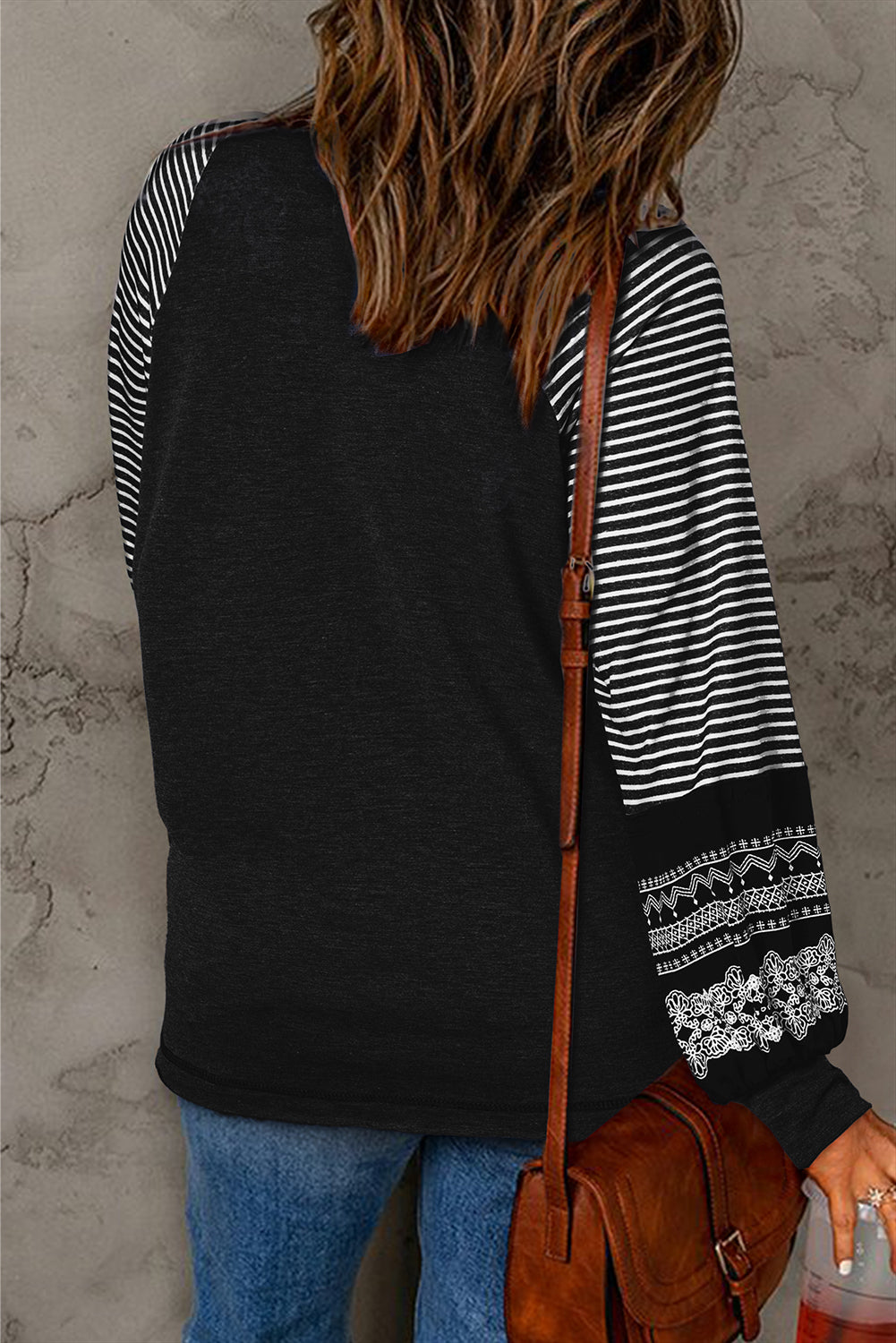 Mineral Red Contrast Print Striped Raglan Long Sleeve Loose Top