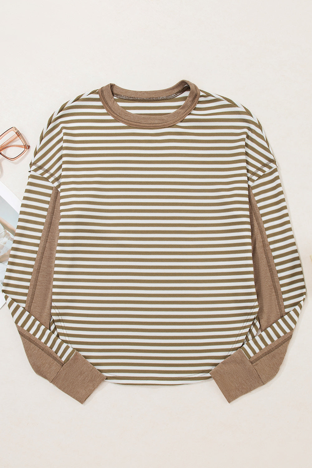 Khaki Stripe Patchwork Knit Drop Shoulder Top
