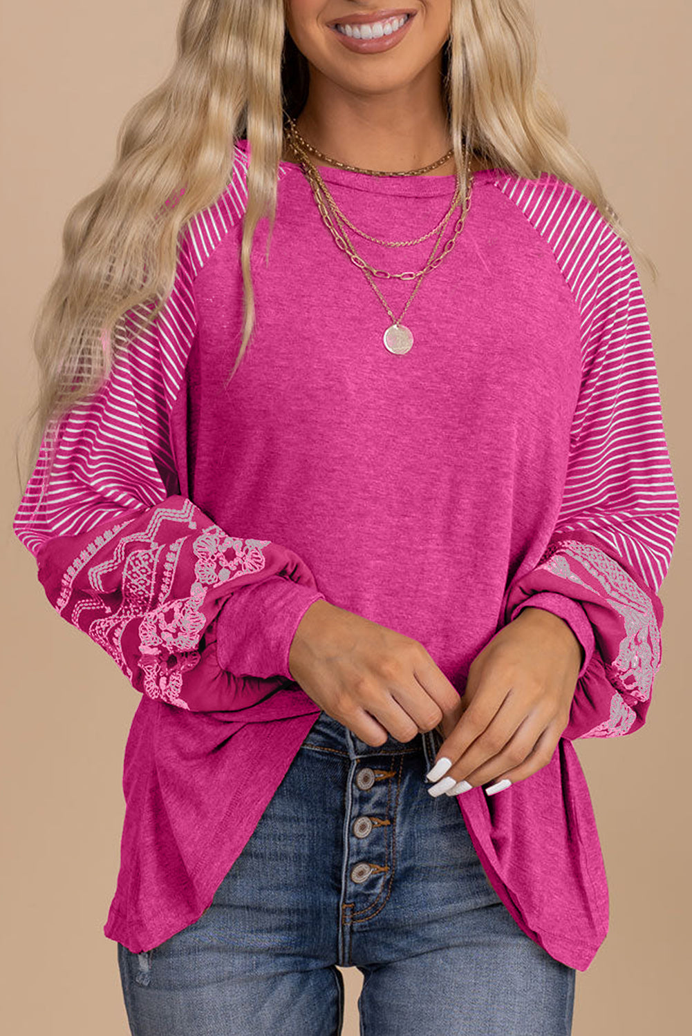 Mineral Red Contrast Print Striped Raglan Long Sleeve Loose Top