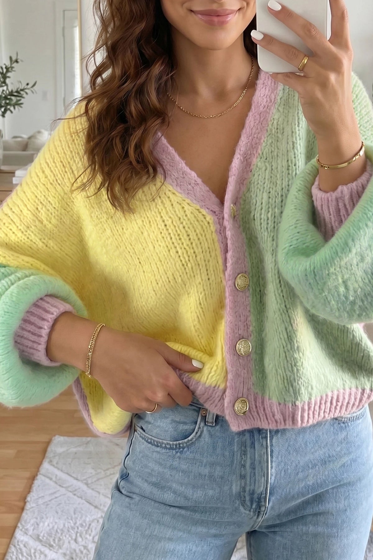 Pre-Order Yellow V Neck Drop Shoulder Patchwork Regular Wash Knitwear Cardigan