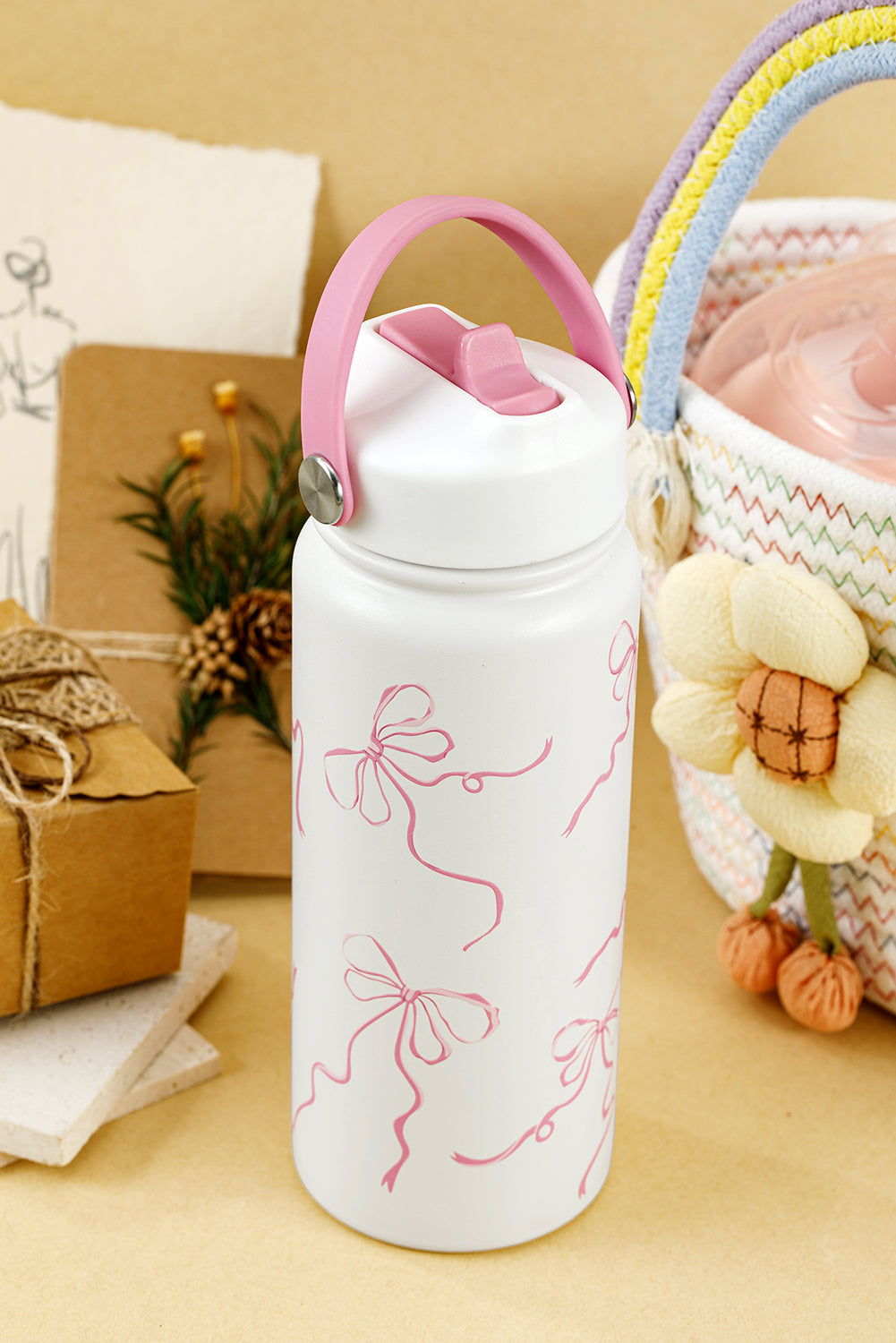 White Bowknot Print Insulated Water Bottle