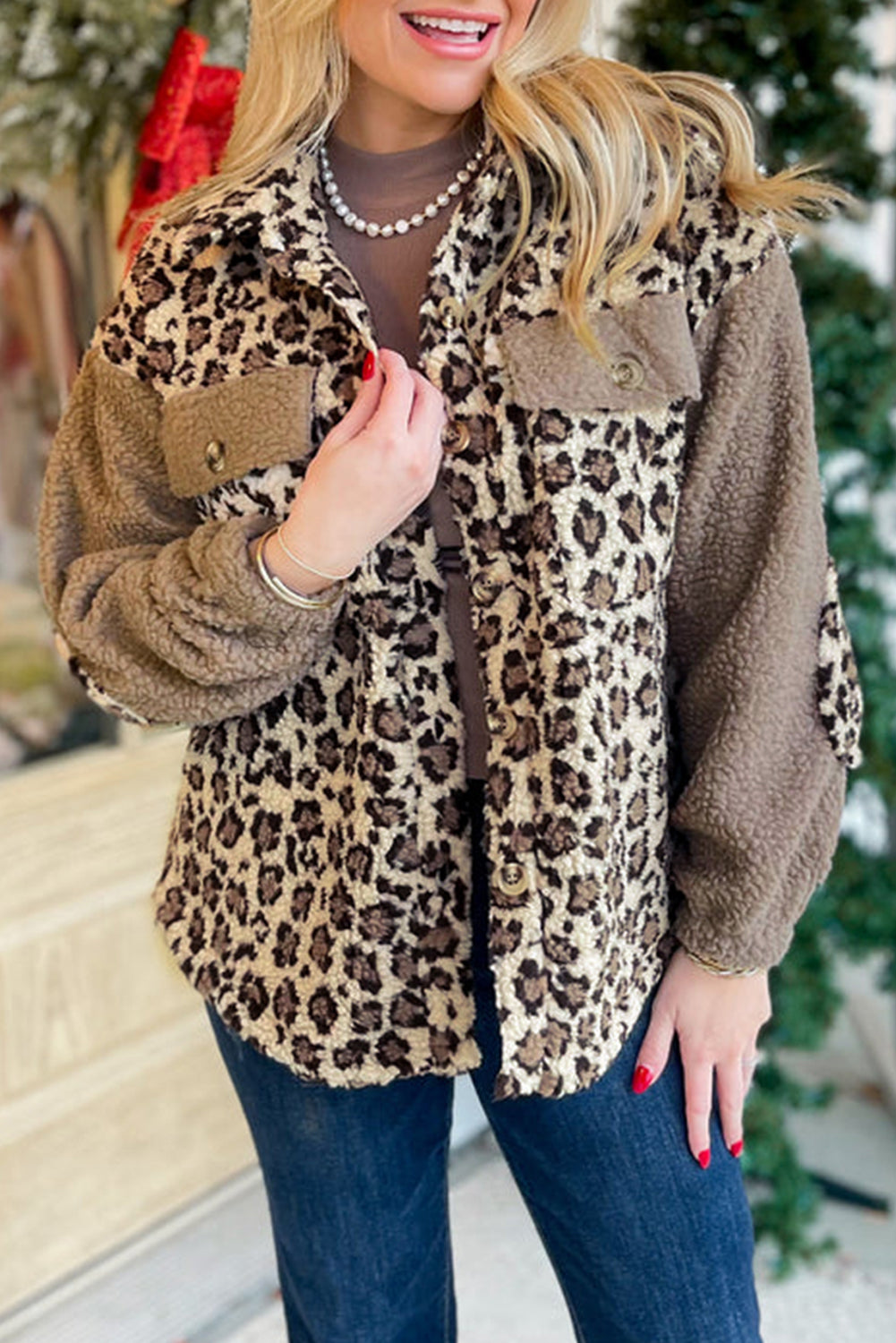 Brown Sherpa Leopard Print Flap Pocket Collared Button Up Jacket