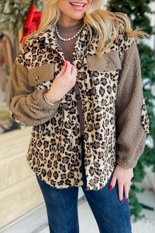 Brown Sherpa Leopard Print Flap Pocket Collared Button Up Jacket