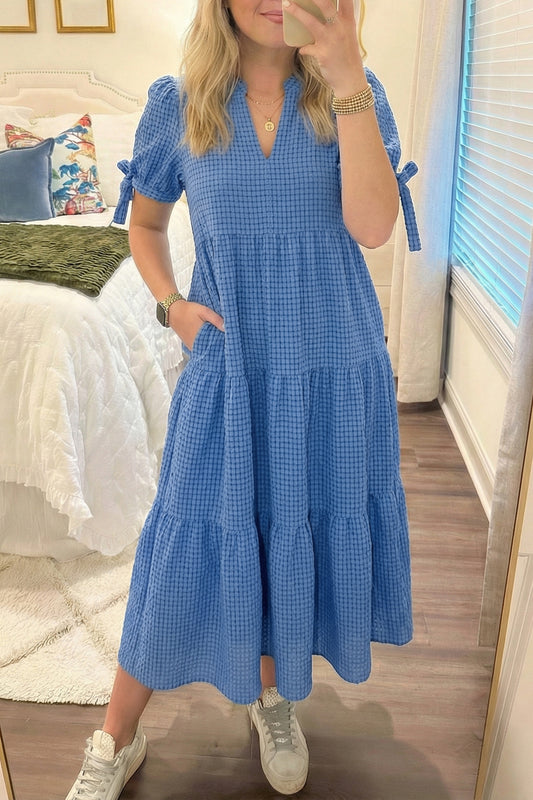 Dusk Blue Gingham Textured Bow Tie Short Sleeve Tiered Midi Dress
