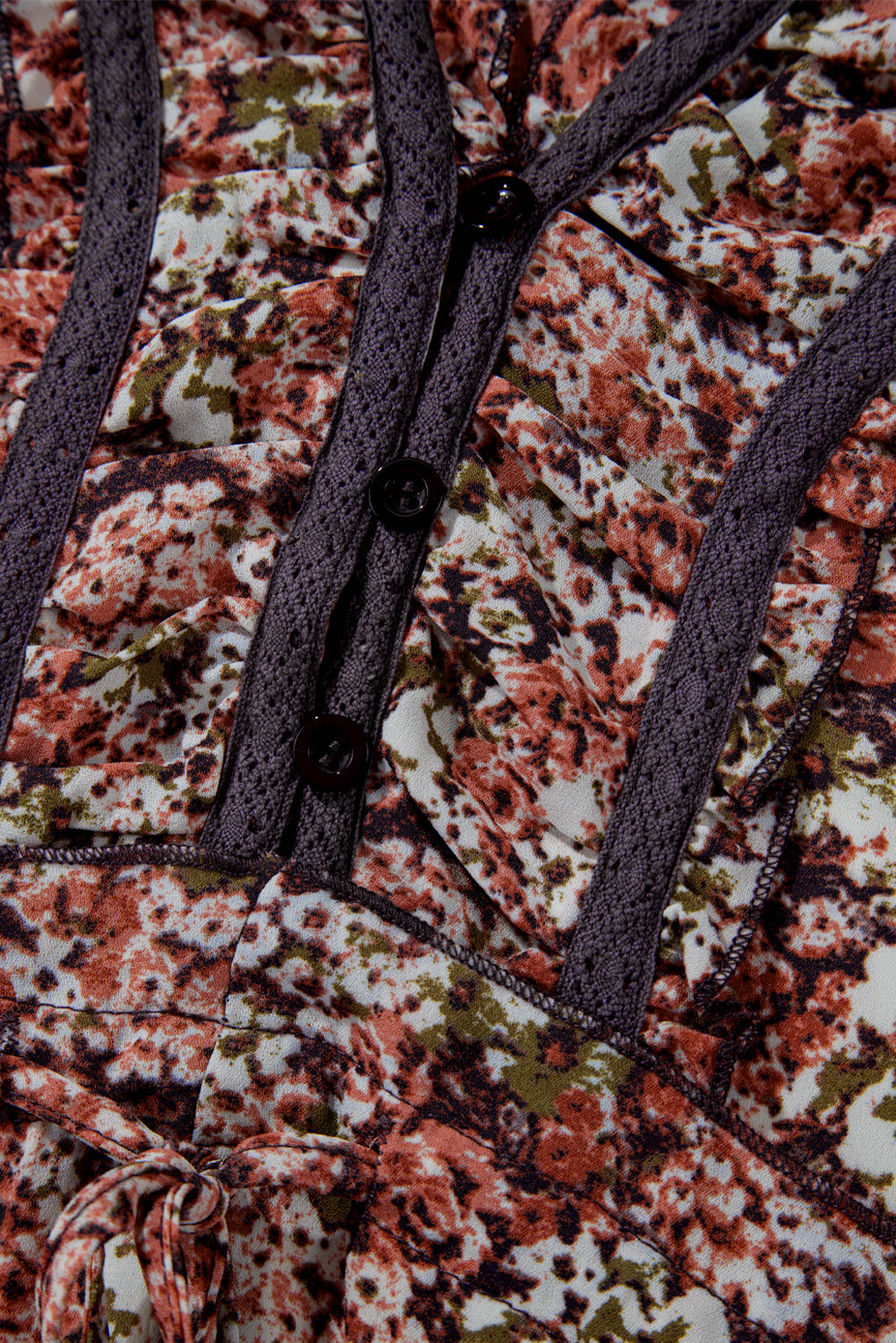 Brown Floral Print Frill V Neck Split Midi Dress