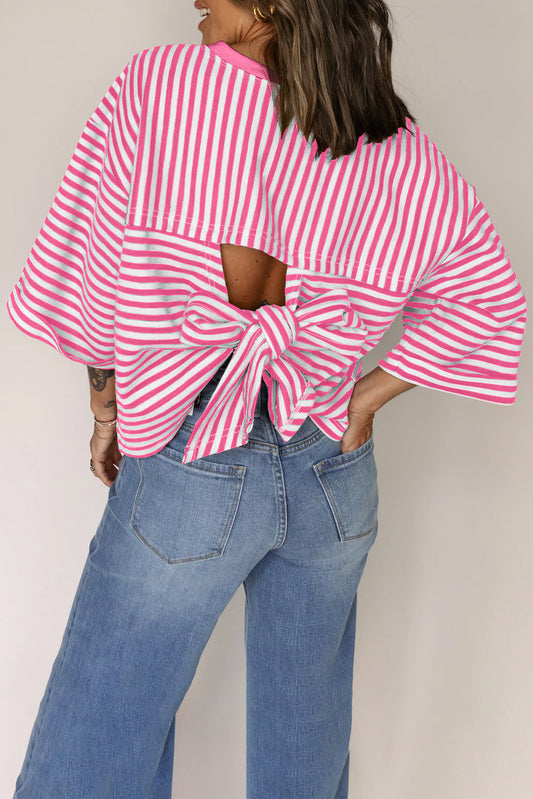 Pink Striped Bowknot Backless Drop Sleeve T-Shirt
