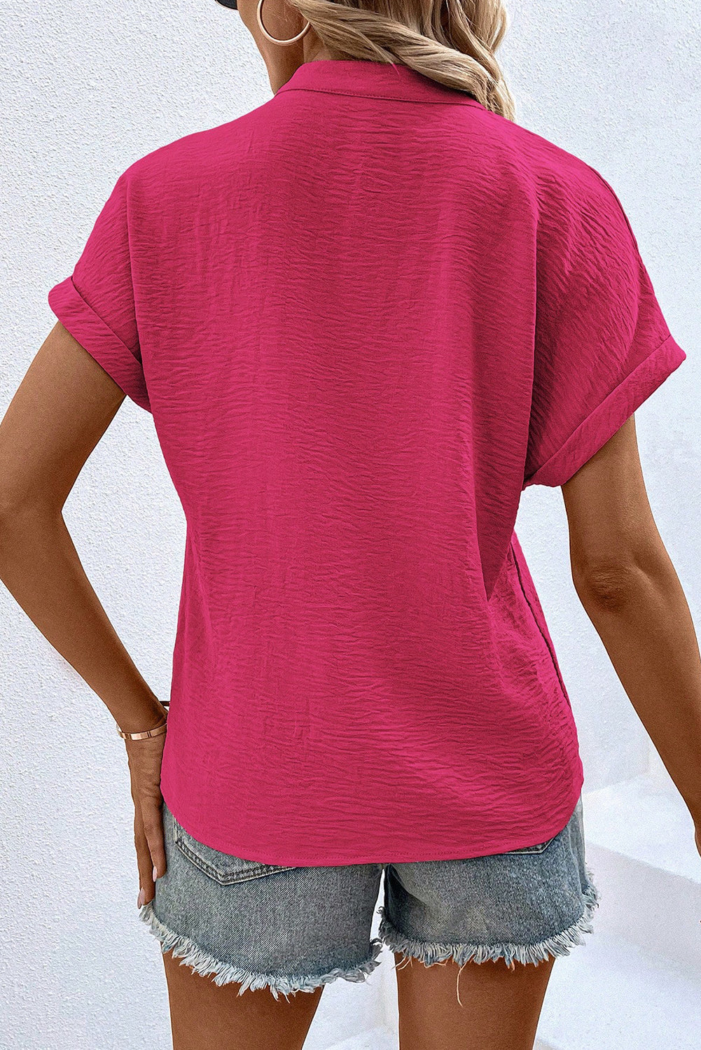 Rose Red Notched Neck Batwing Sleeve Blouse