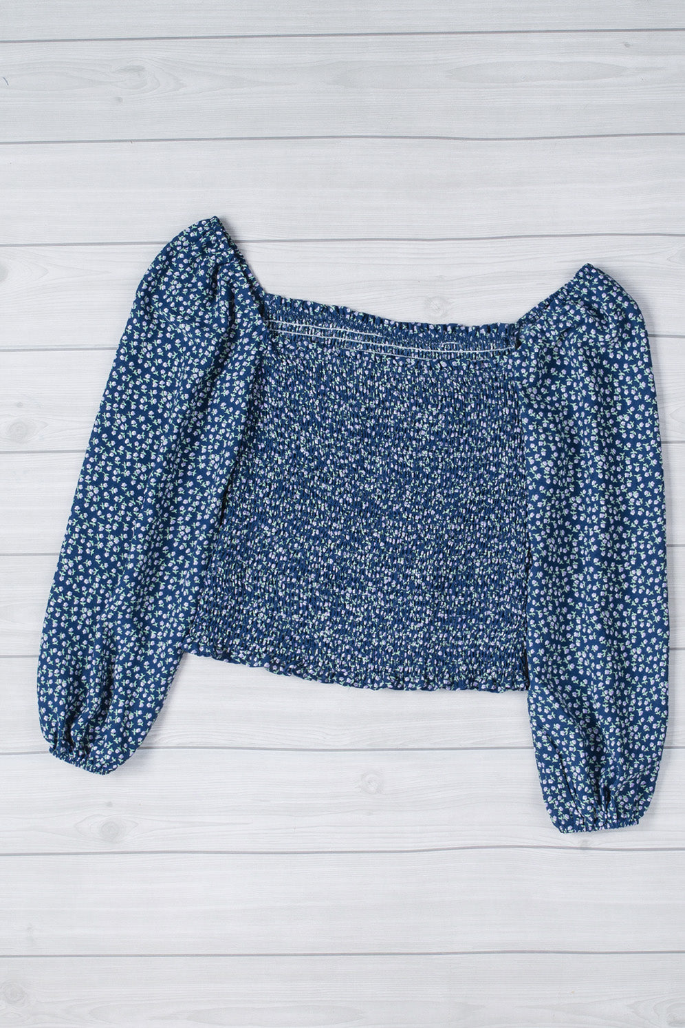 Blue Ditsy Floral Print Square Neck Smock Top