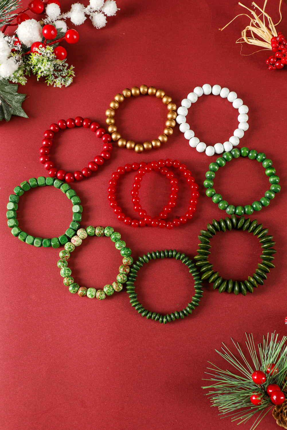 Fiery Red Christmas 10pcs Beaded Stackable Bracelet Set