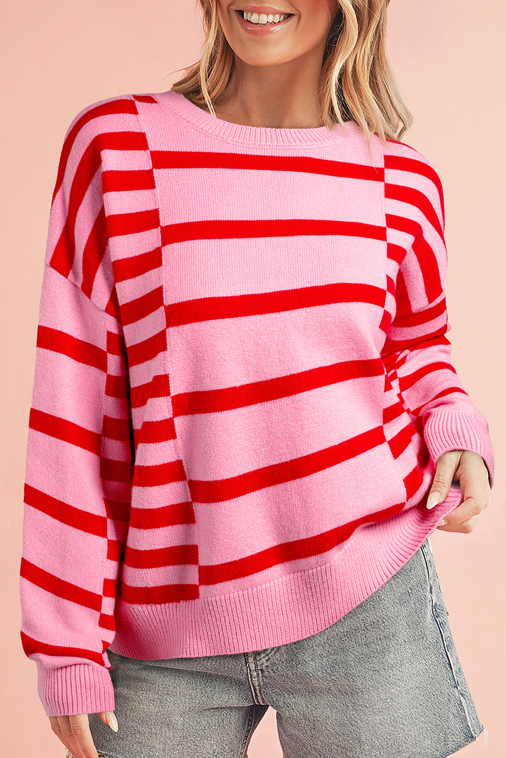 Pink Striped Crewneck Drop Sleeve Knit Sweater