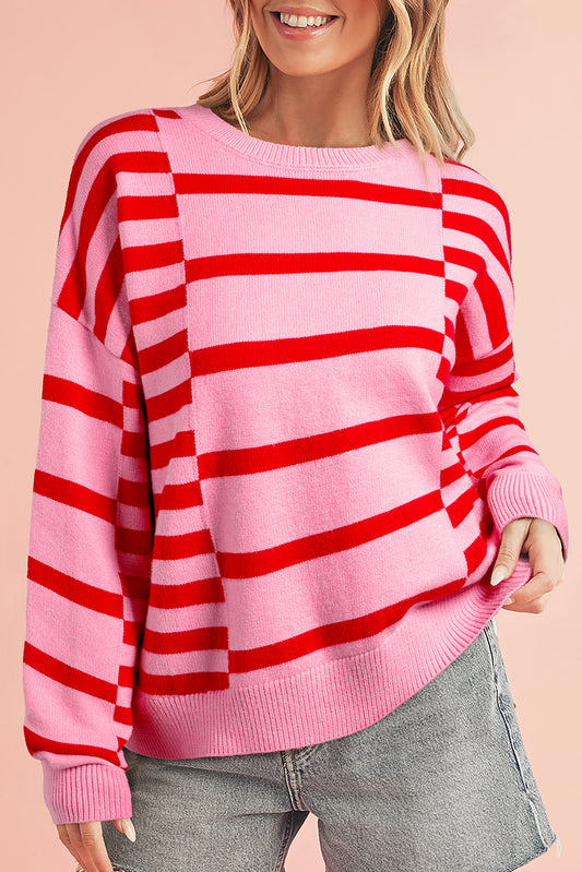 Pink Striped Crewneck Drop Sleeve Knit Sweater