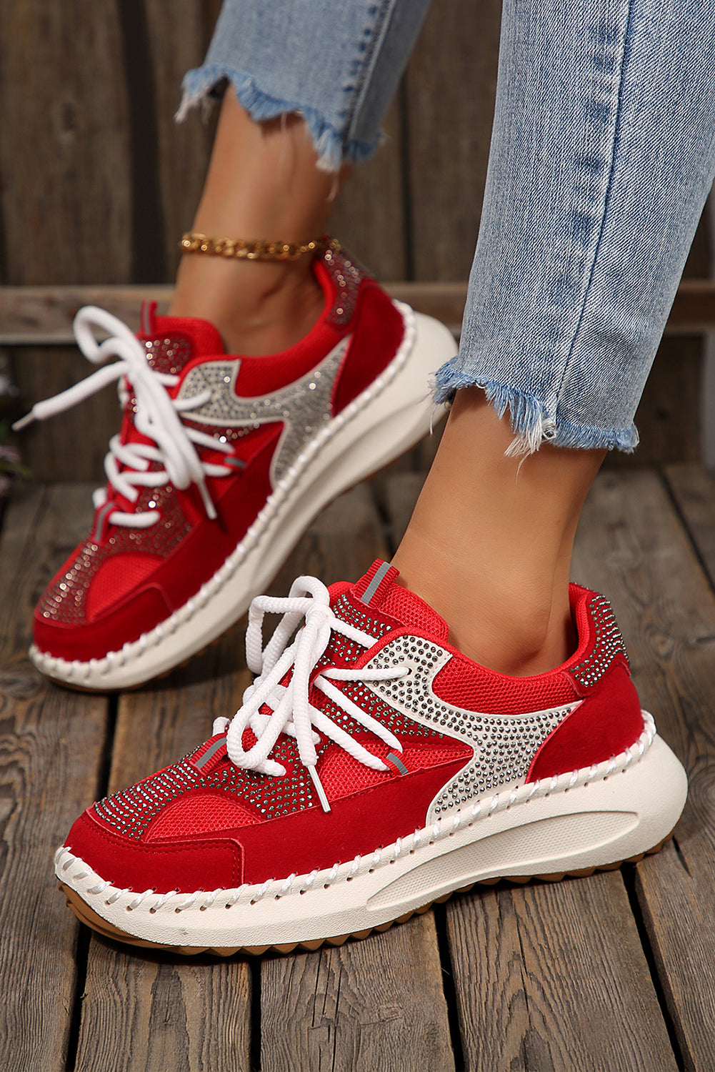 Fiery Red Rhinestone PU Leather Platform Casual Sneakers