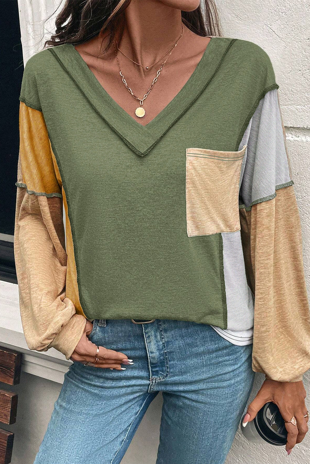 Jungle Green Exposed Stitching Colorblock V Neck Long Sleeve Top