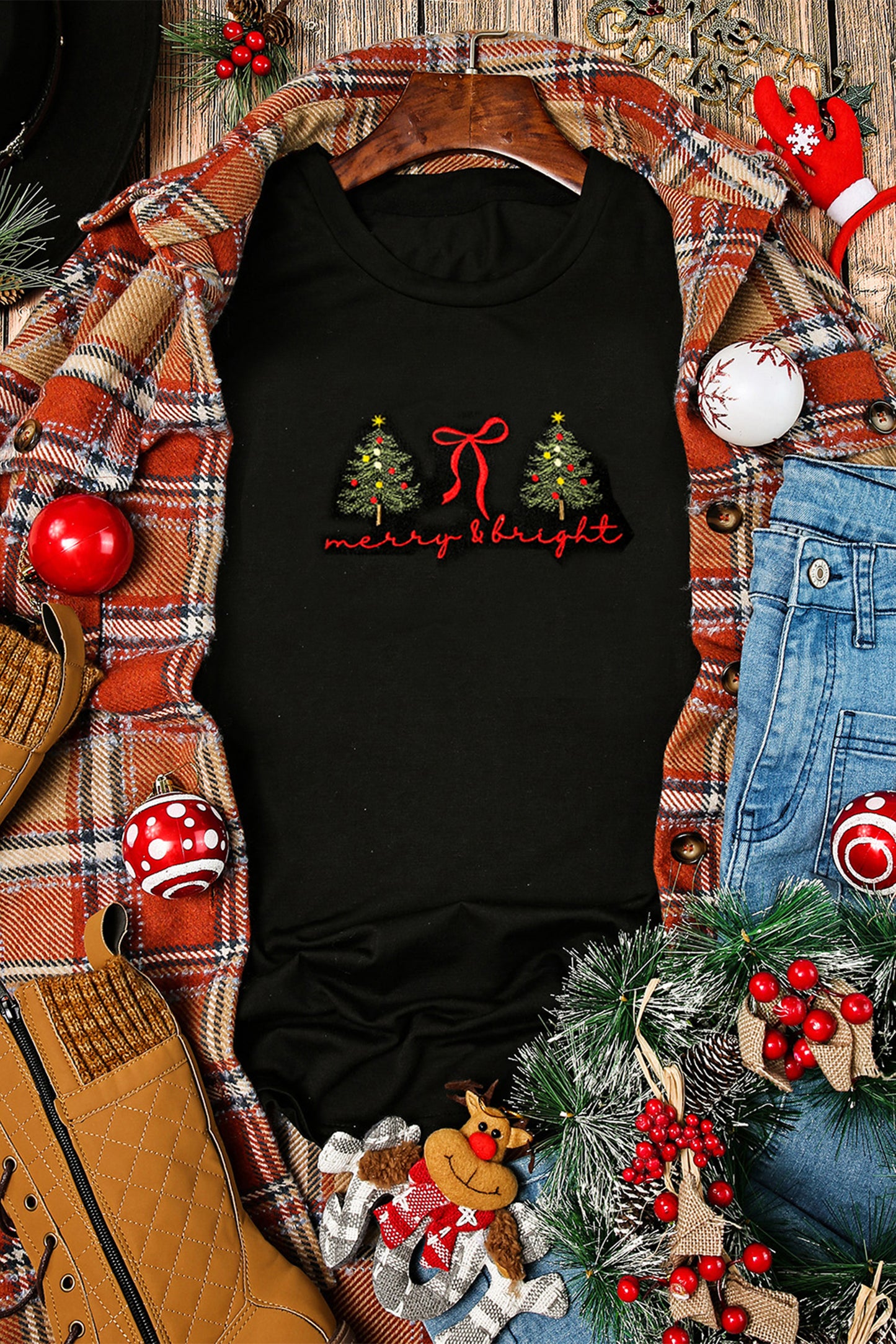Black Christmas Tree merry & bright Ribbon Bow Embroidered Tee