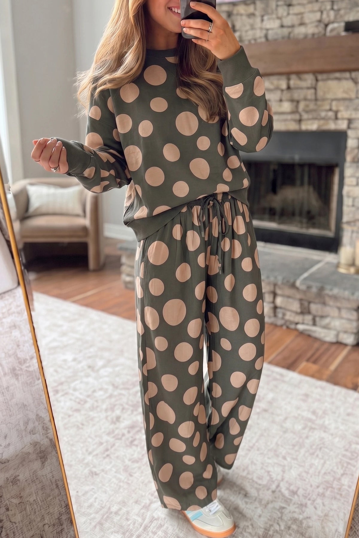 Pre-Order Green Polka Dot Long Sleeve Top Drawstring Relaxed Pants Set