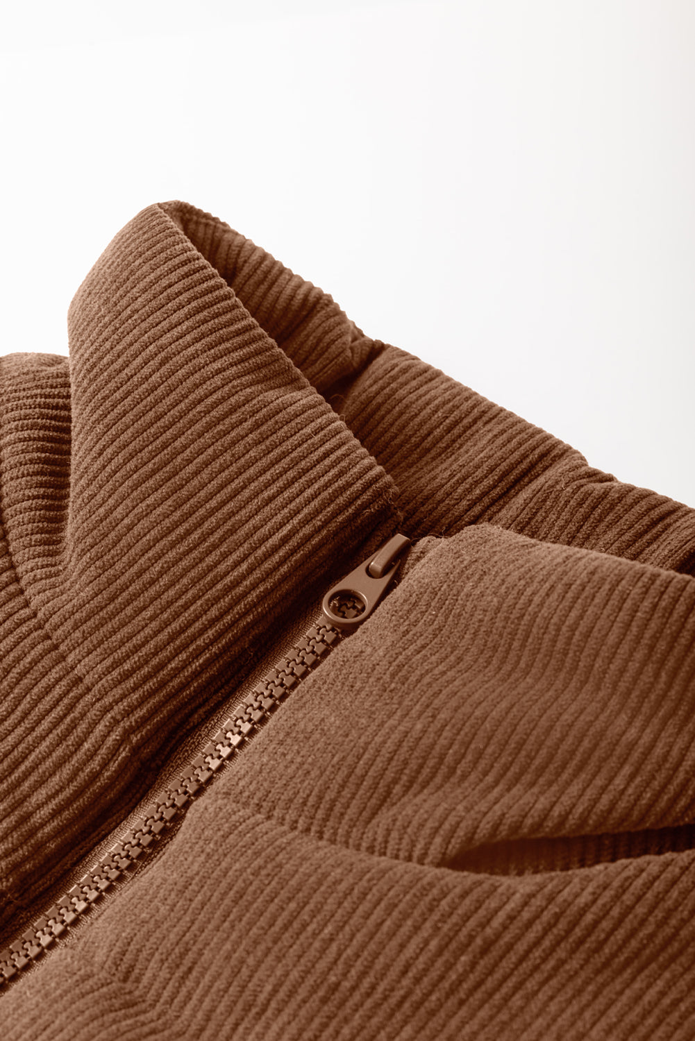 Beige Corduroy Stand Neck Zipped Puffer Vest