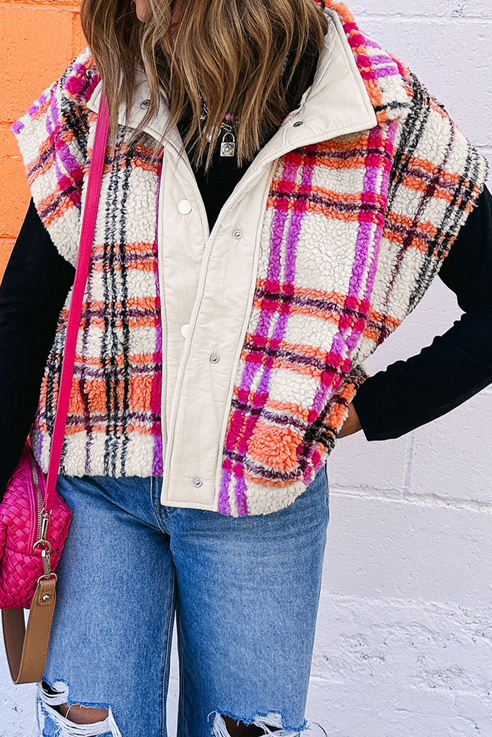Rose Sherpa Plaid Collared Jacket Vest