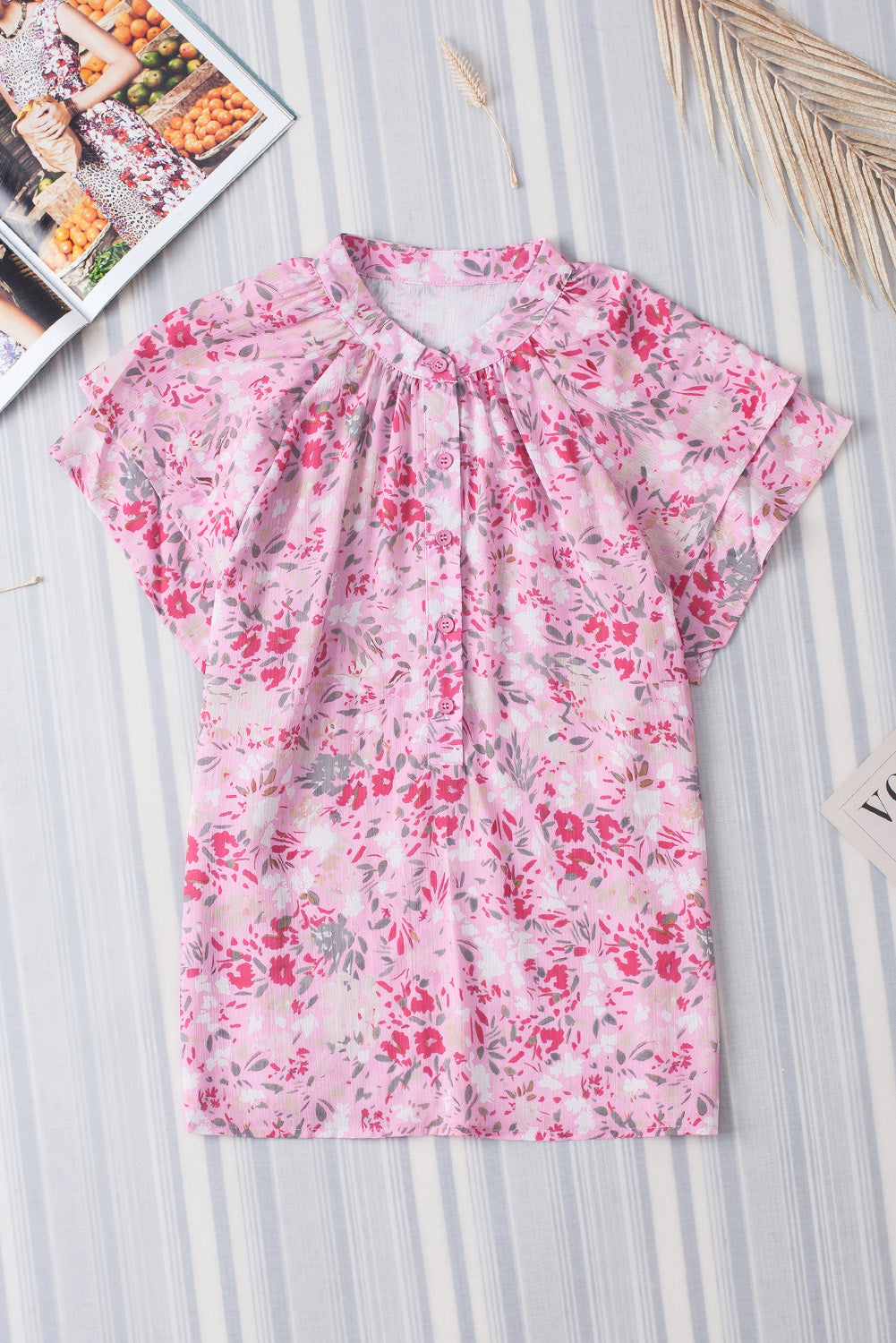 Pink Floral Button Notch Neck Ruffle Sleeve Blouse