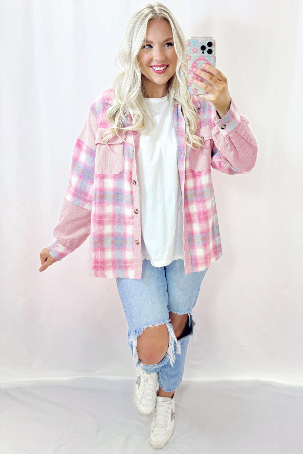 Pink Brushed Plaid Corduroy Flap Pockets Patchwork Shacket