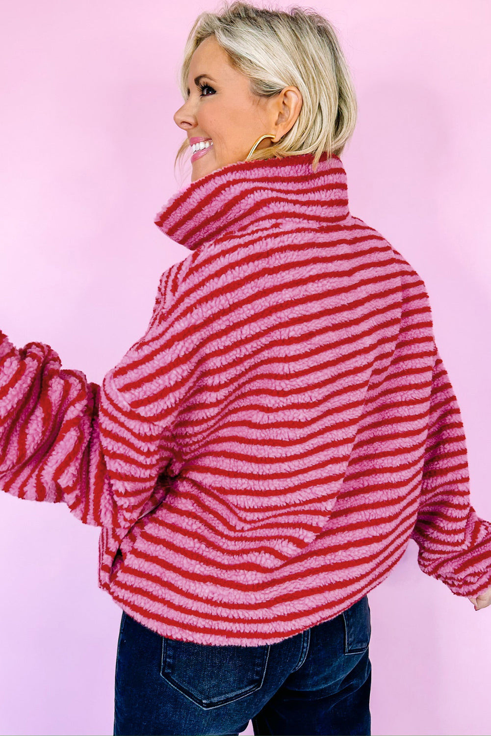 Pink Stripe Quarter Zip Fleece Oversize Sweatshirt