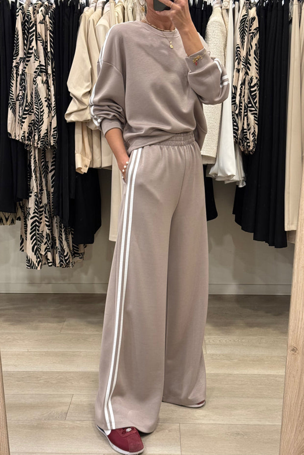 Fiery Red Varsity Striped Detail Cropped Pullover Wide Leg Pants 2pcs Outfit