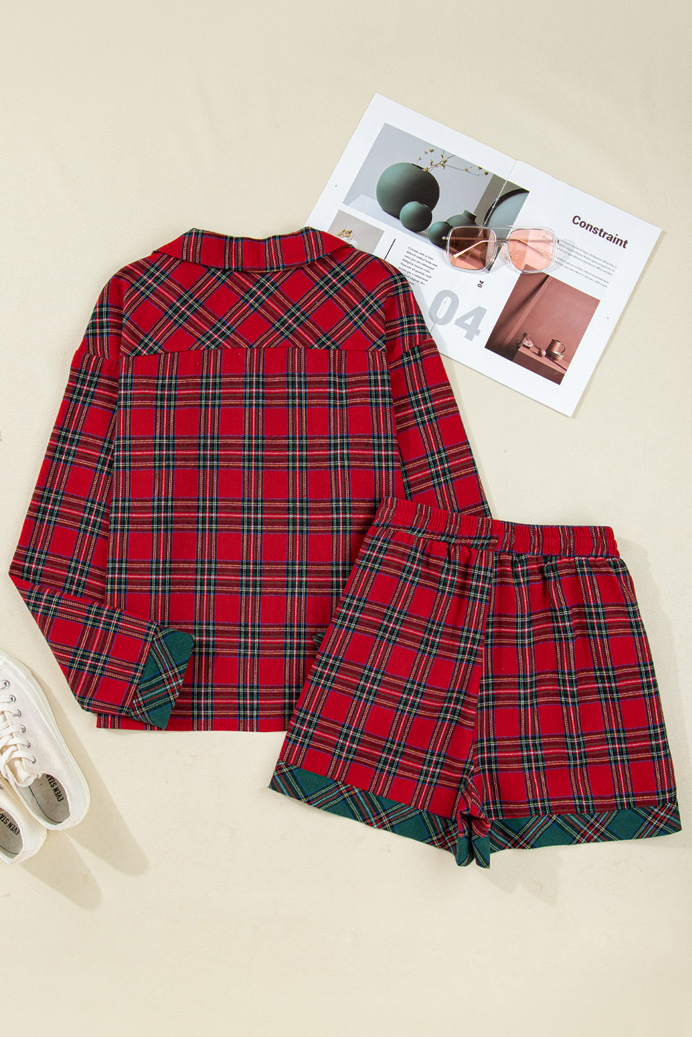 Red Plaid Contrast Color Christmas Holiday Long Sleeve Shirt and Shorts Pajama Set