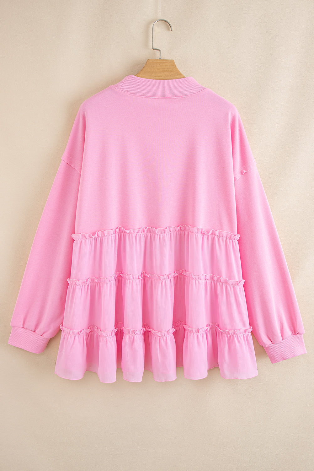Pink Frill Tiered Patchwork Ribbed Trim Flowy Plus Size Top