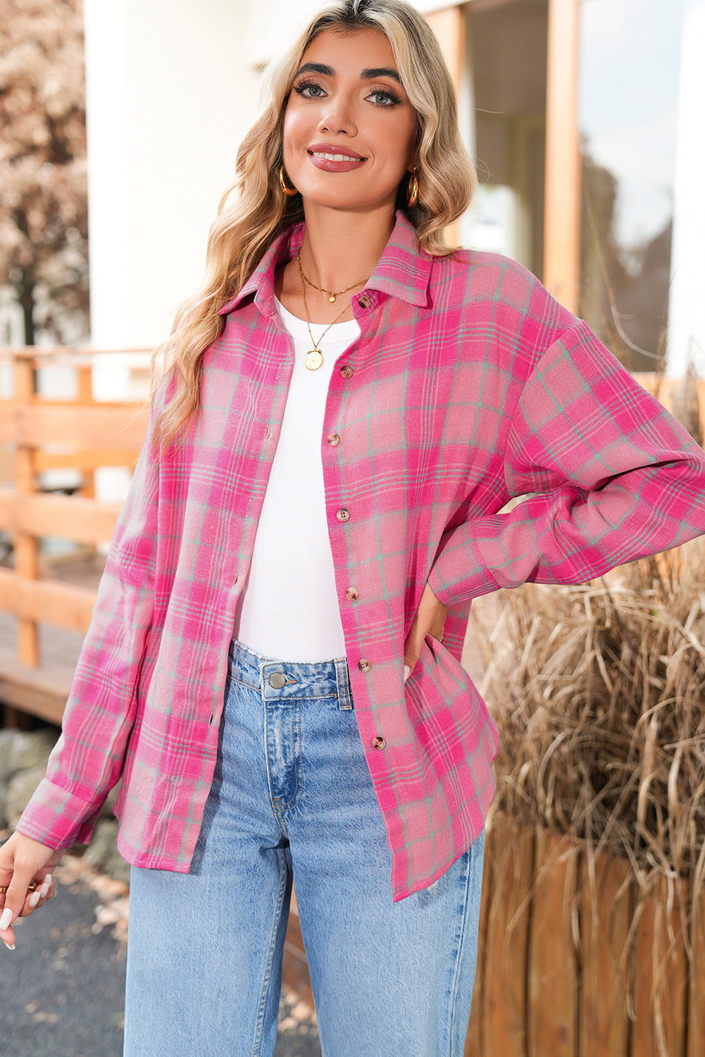 Sachet Pink Plaid Rounded Hem Long Sleeve Shirt Shacket