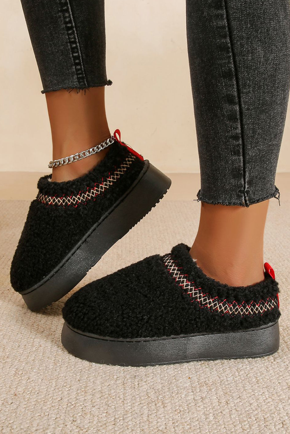 Black Contrast Edge Plush Thick Sole Slippers
