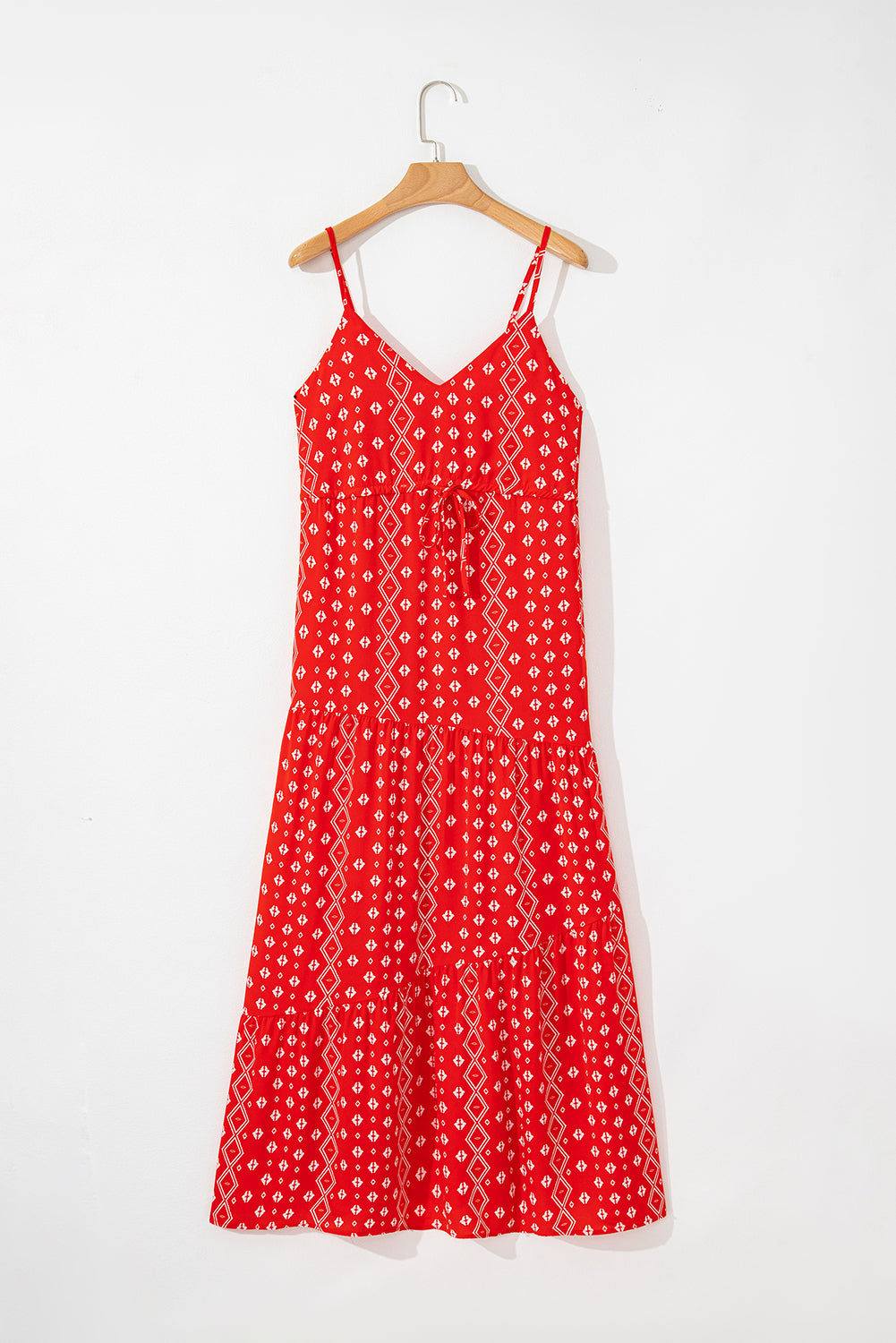 Red Boho Fashion Print Spaghetti Straps Drawstring Maxi Dress