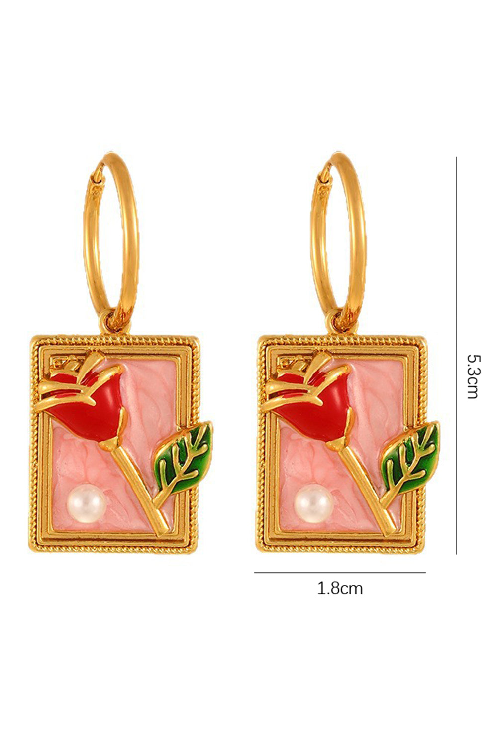 Gold Enamel Rose Pearl Rectangle Dangle Earrings