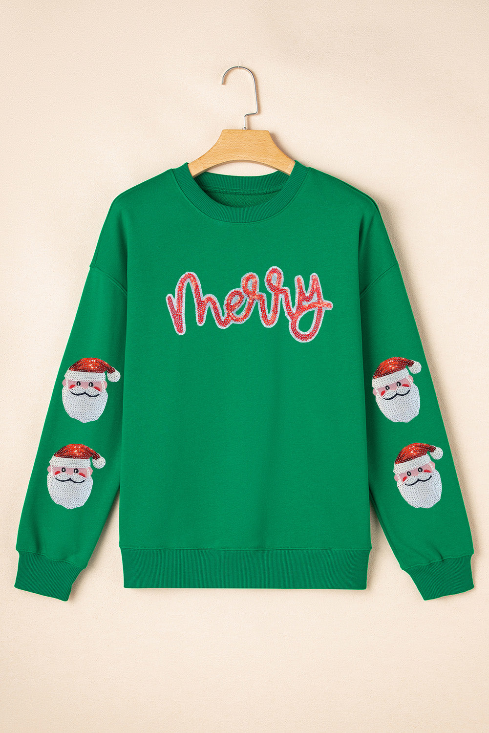 Dark Green Sequin Letter Graphic Father Christmas Patched Sleeve Drop Shoulder Sweatshirt