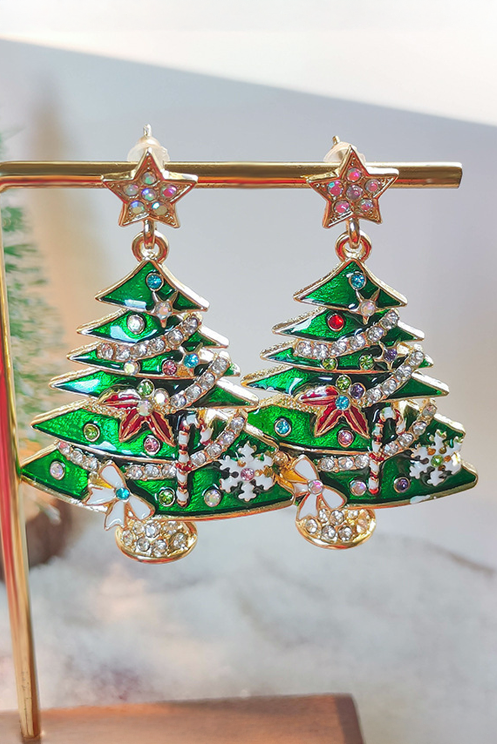 Bright Green Rhinestone Christmas Tree Drop Earrings