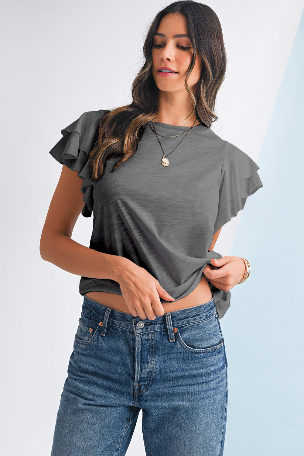 Dark Grey Ruffle Sleeve Plain Blouse