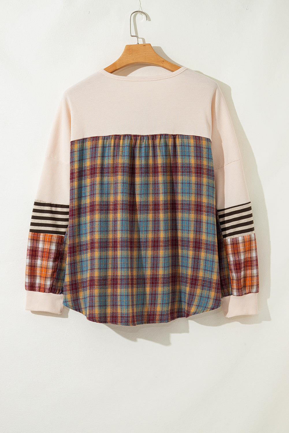 Parchment Plus Size Waffle Striped Plaid Patchwork Henley Pullover