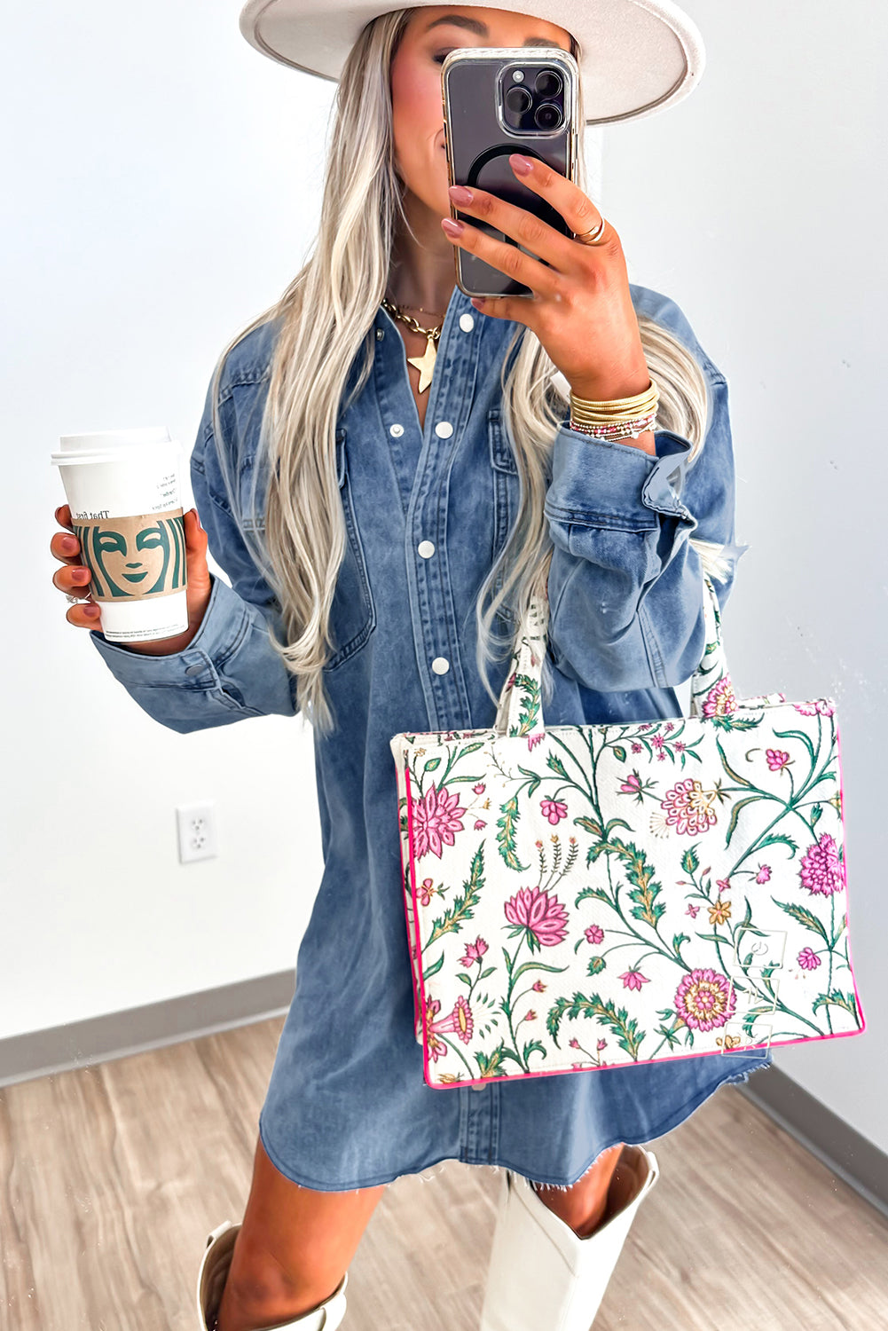 Medium Grey Chest Pocket Raw Hem Denim Loose Shirt Dress