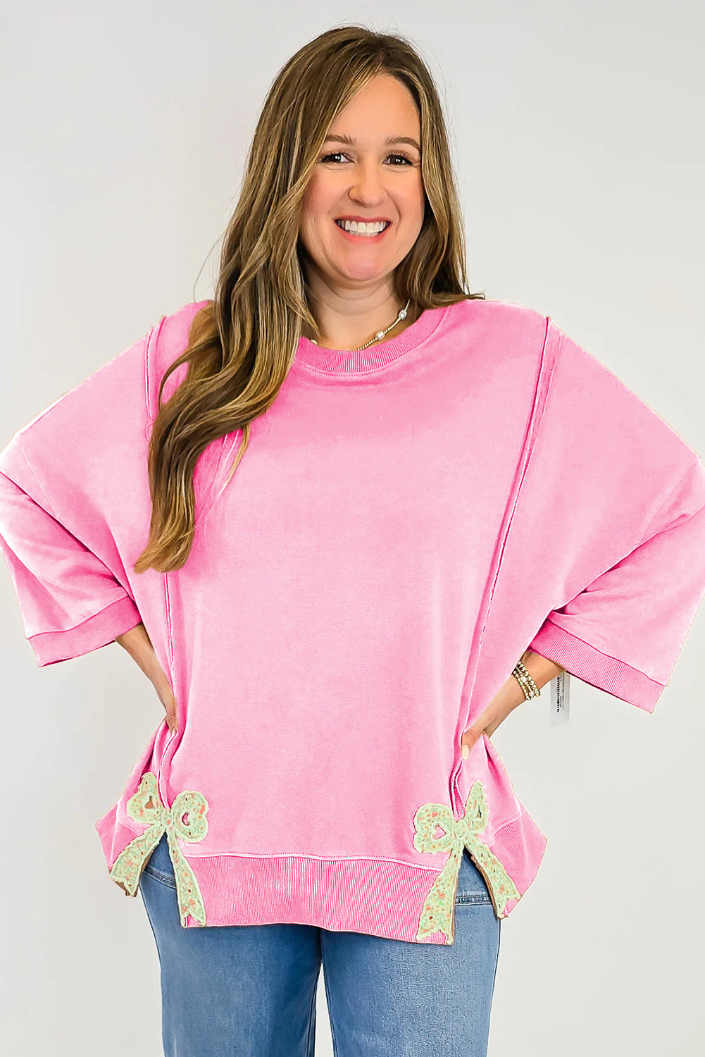 Fiery Red Floral Bow Patched Exposed Seam Patchwork Slit Baggy Sweatshirt