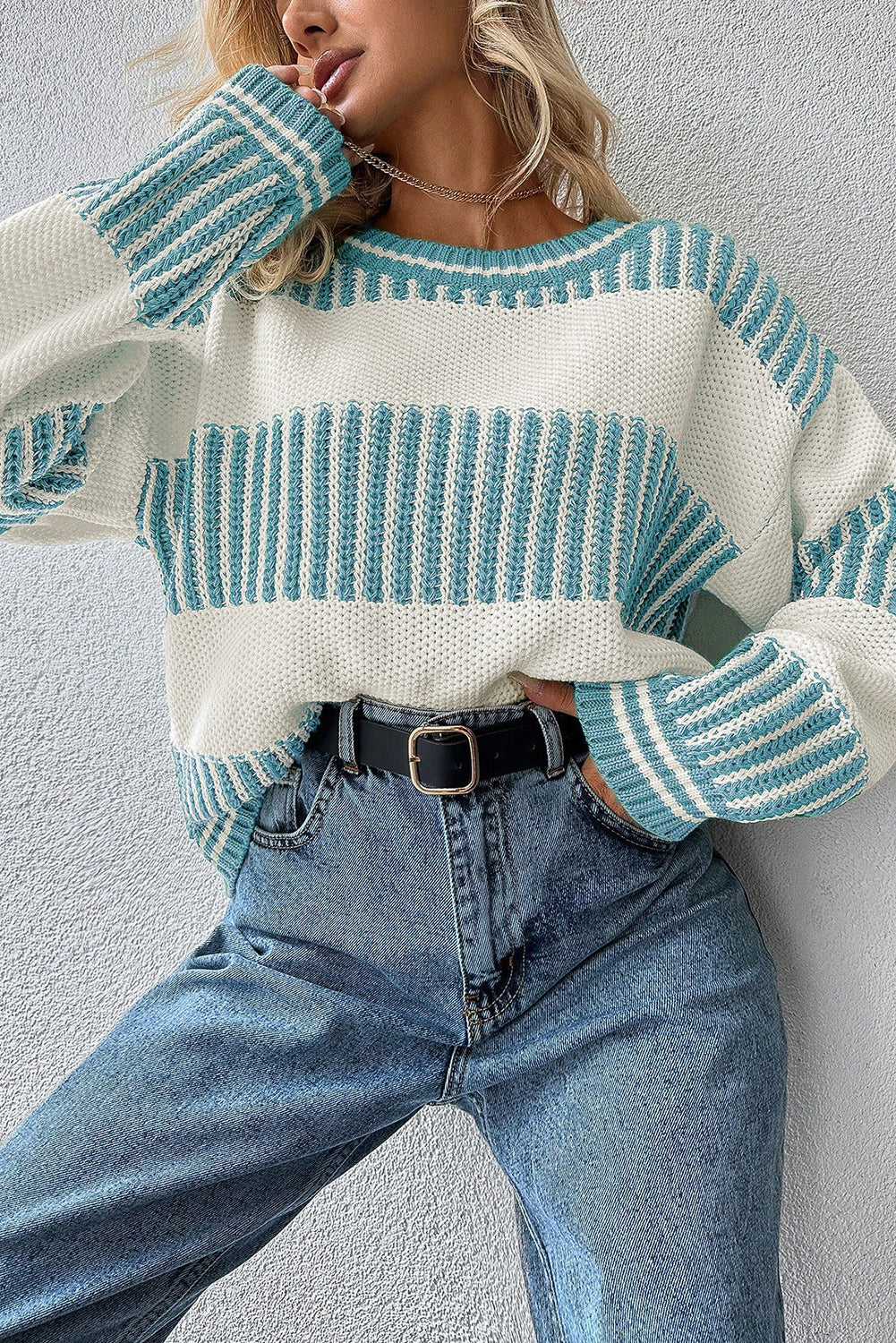 Khaki Two Tone Striped Patchwork Drop Shoulder Sweater
