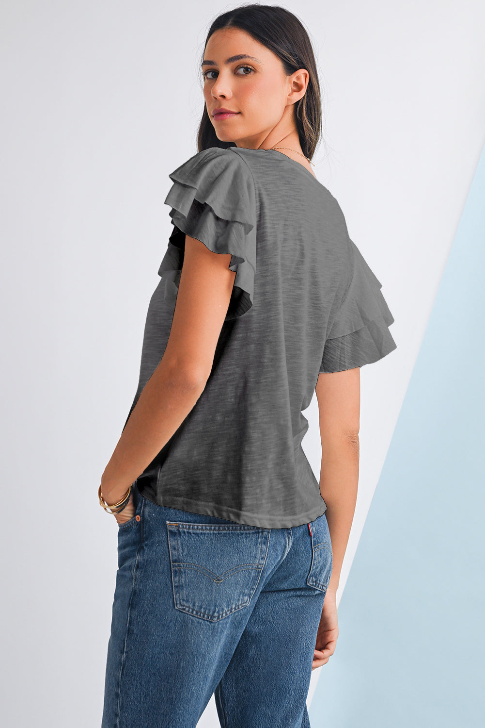 Dark Grey Ruffle Sleeve Plain Blouse
