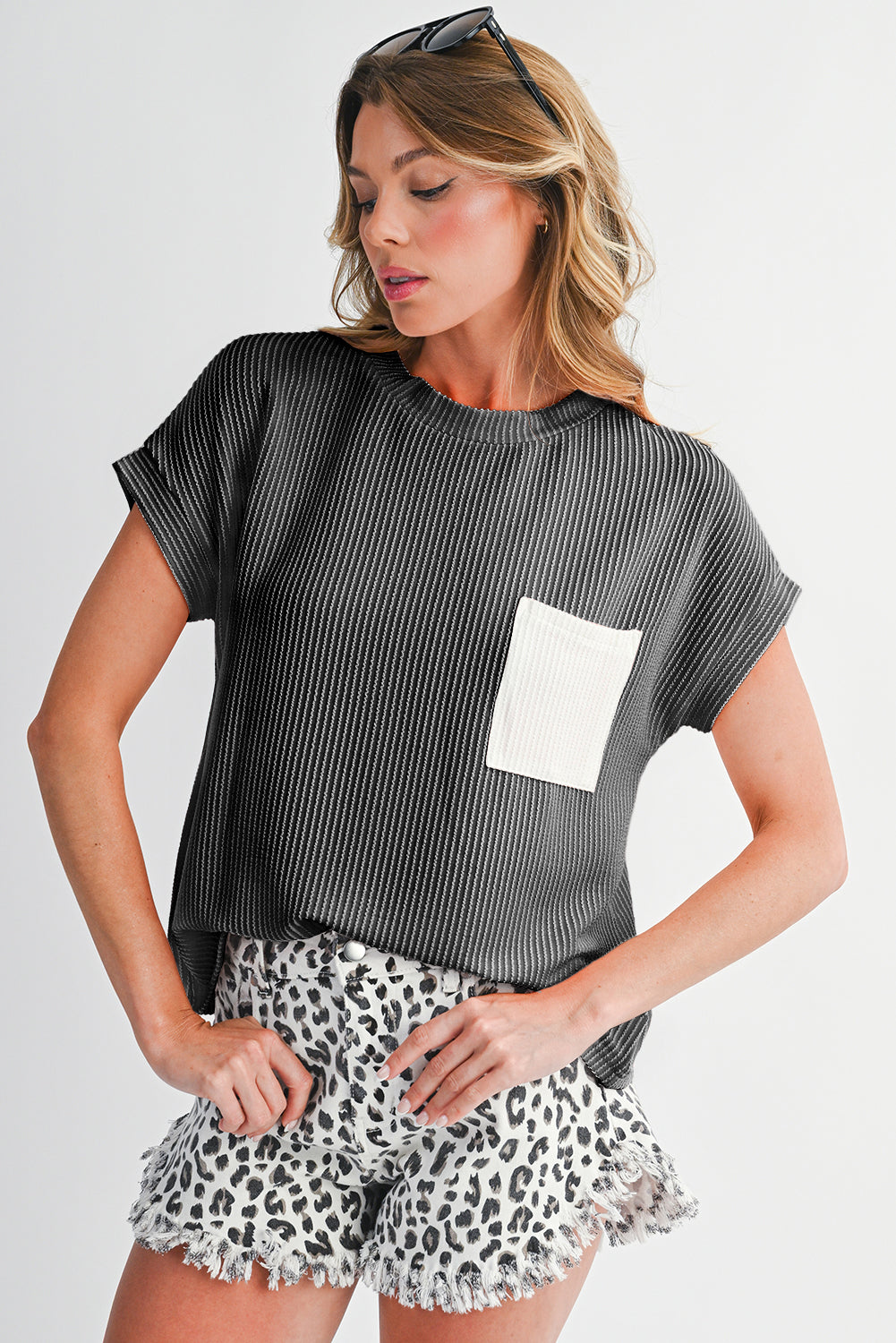 Pink Corded Colorblock Pocket Crew Neck T Shirt