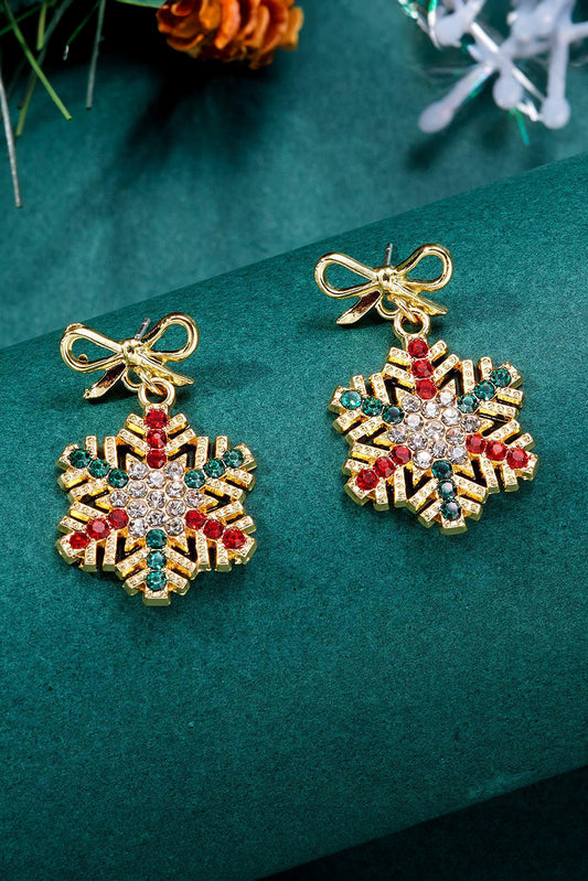 Gold Rhinestone Snowflake Bow Christmas Dangle Earrings