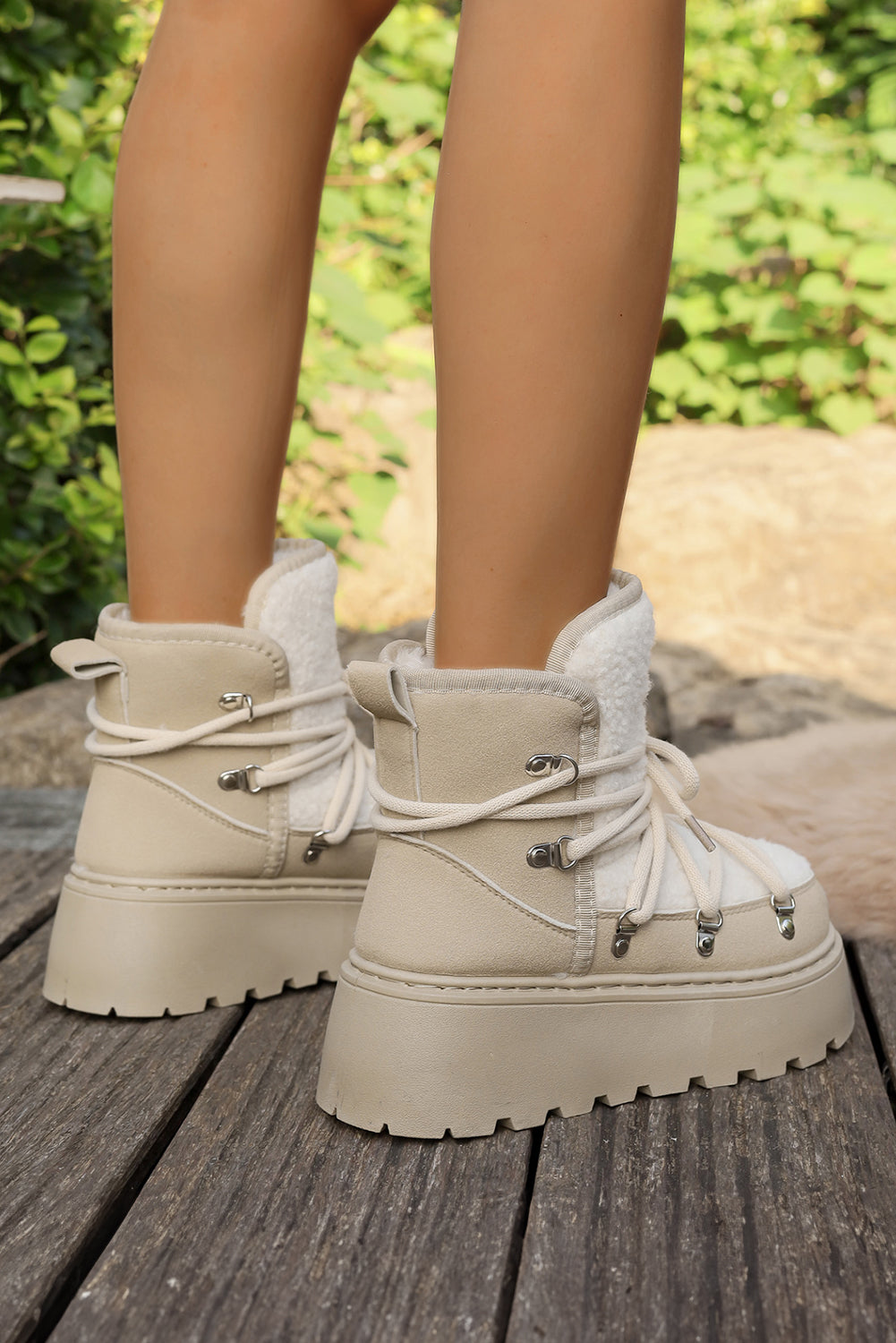 White Sherpa PU Leather Patchwork Lace-up Thick Bottom Snow Boots