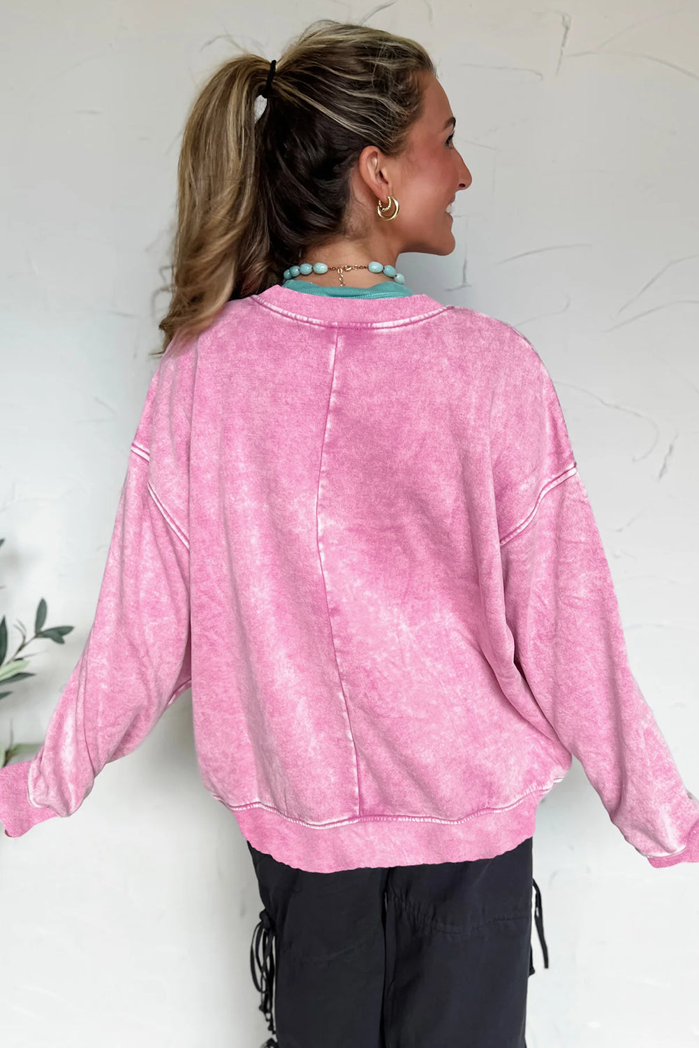 Bright Pink Mineral Wash Crossed Crew Neck Drop Shoulder Loose Sweatshirt